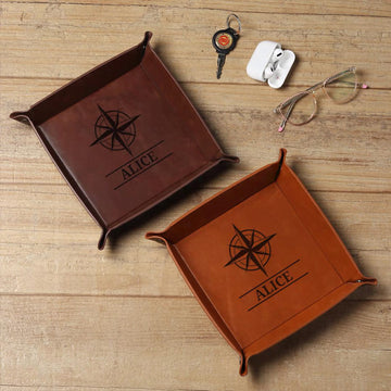 Engraved Full Grain Leather Valet Tray – Personalized Catch All Gift for Him