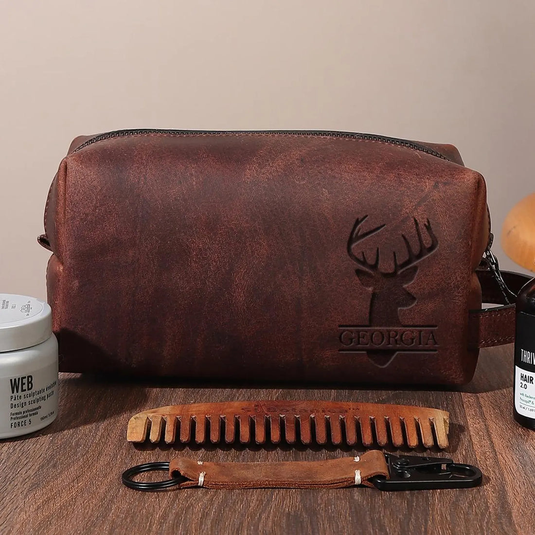 Custom Deer Hunting Gift – Personalized Leather Toiletry Bag