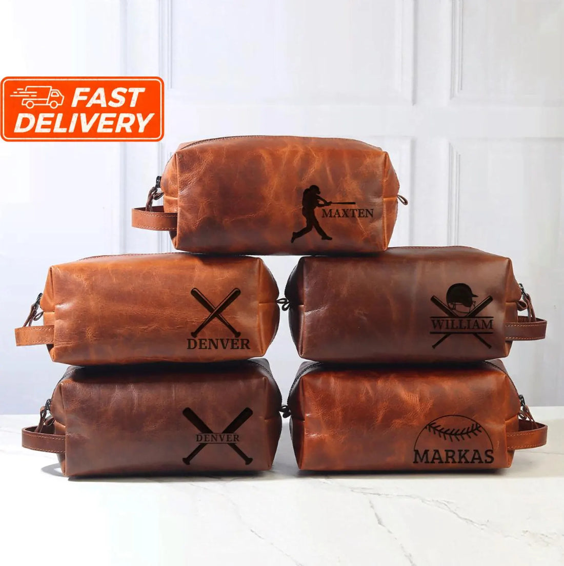 Personalized Baseball Themed Leather Toiletry Bag – Custom Dopp Kit