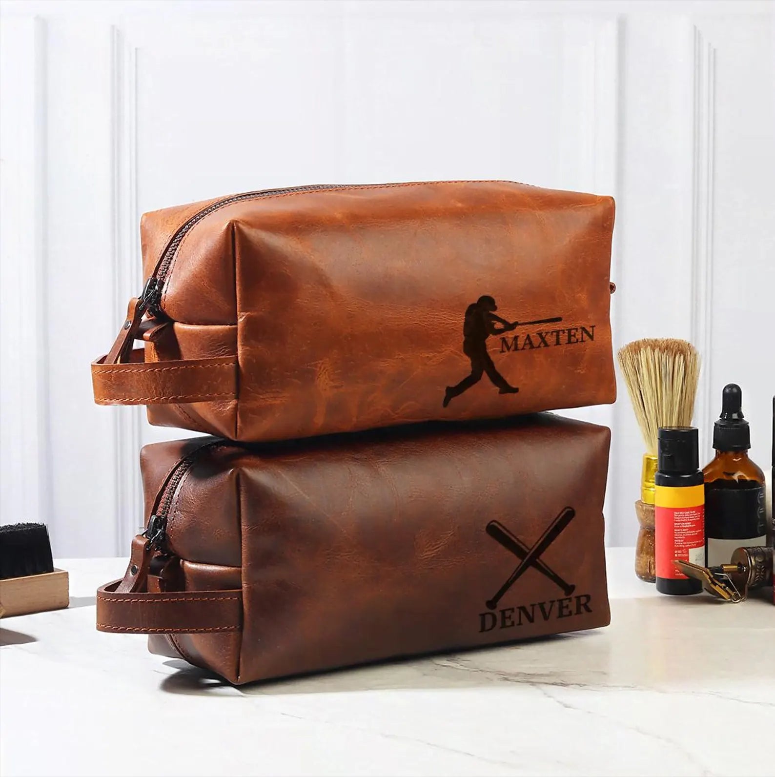 Personalized Baseball Themed Leather Toiletry Bag – Custom Dopp Kit